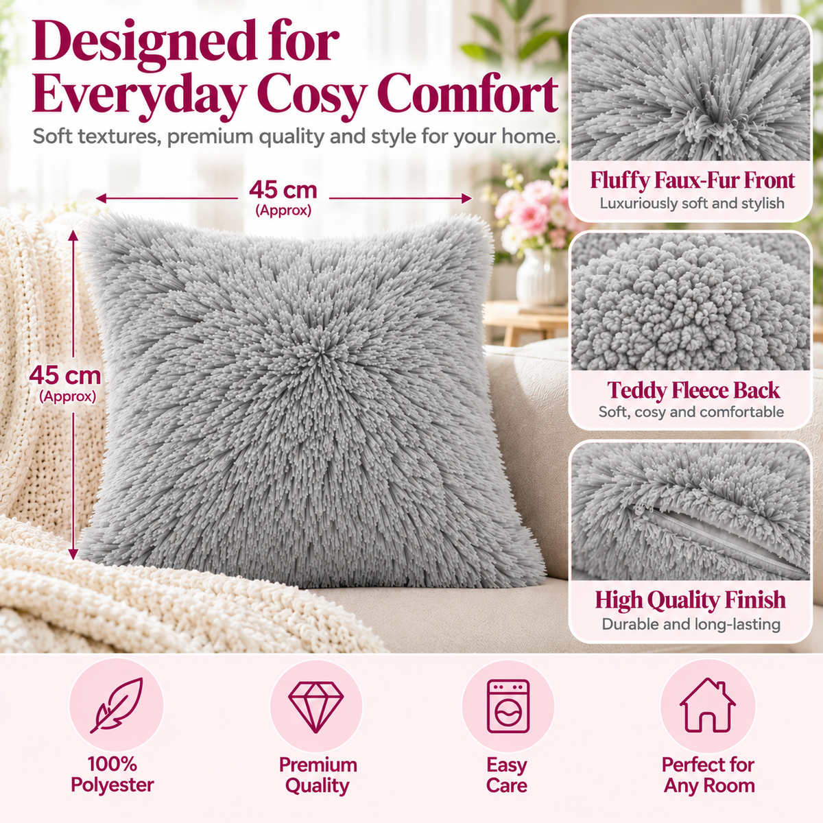 Teddy Hug Fleece Cushion Cover – Soft Fluffy Snug Cuddle Cushion Cover | Night Zone