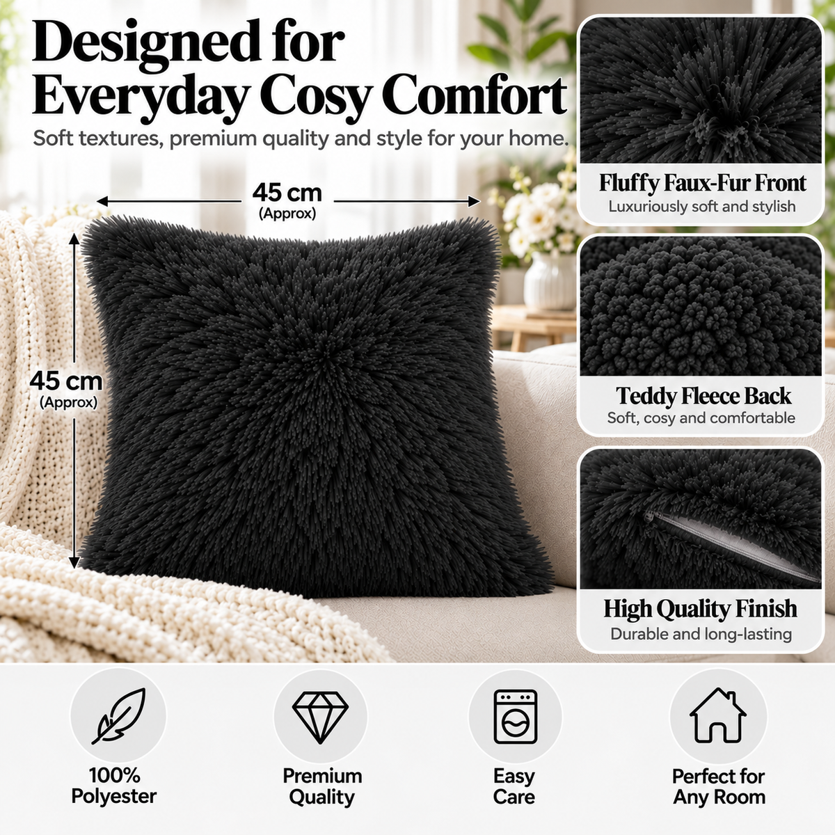 Teddy Hug Fleece Cushion Cover – Soft Fluffy Snug Cuddle Cushion Cover | Night Zone