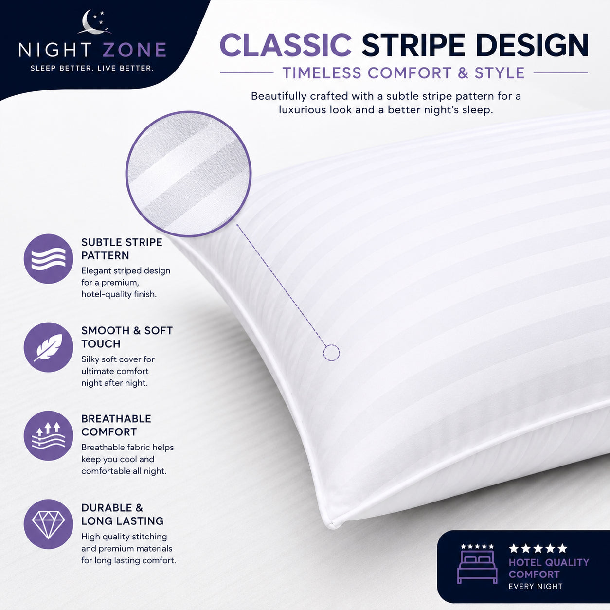 Satin Stripe Pillows – Soft Hollow Fibre Hotel Quality Pillows | Night Zone