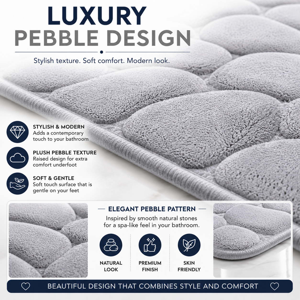 Pebble Stone Bath Mat Set – Soft Absorbent Non Slip Bathroom Rug Set | Night Zone