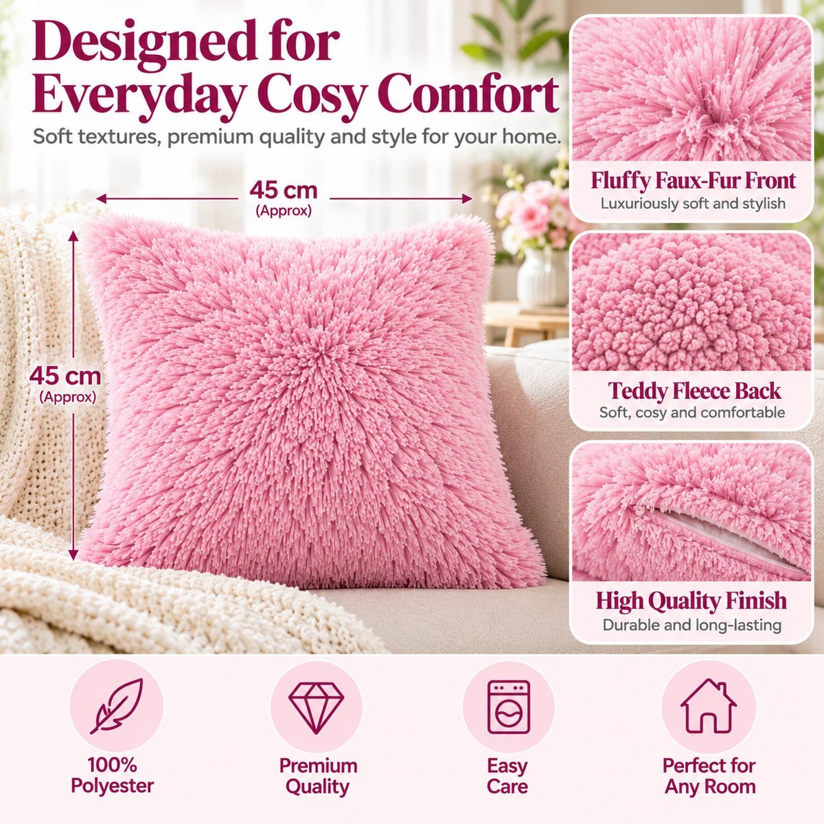 Teddy Hug Fleece Cushion Cover – Soft Fluffy Snug Cuddle Cushion Cover | Night Zone