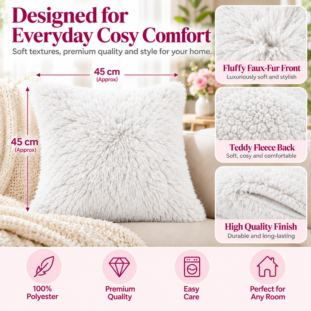 Teddy Hug Fleece Cushion Cover – Soft Fluffy Snug Cuddle Cushion Cover | Night Zone