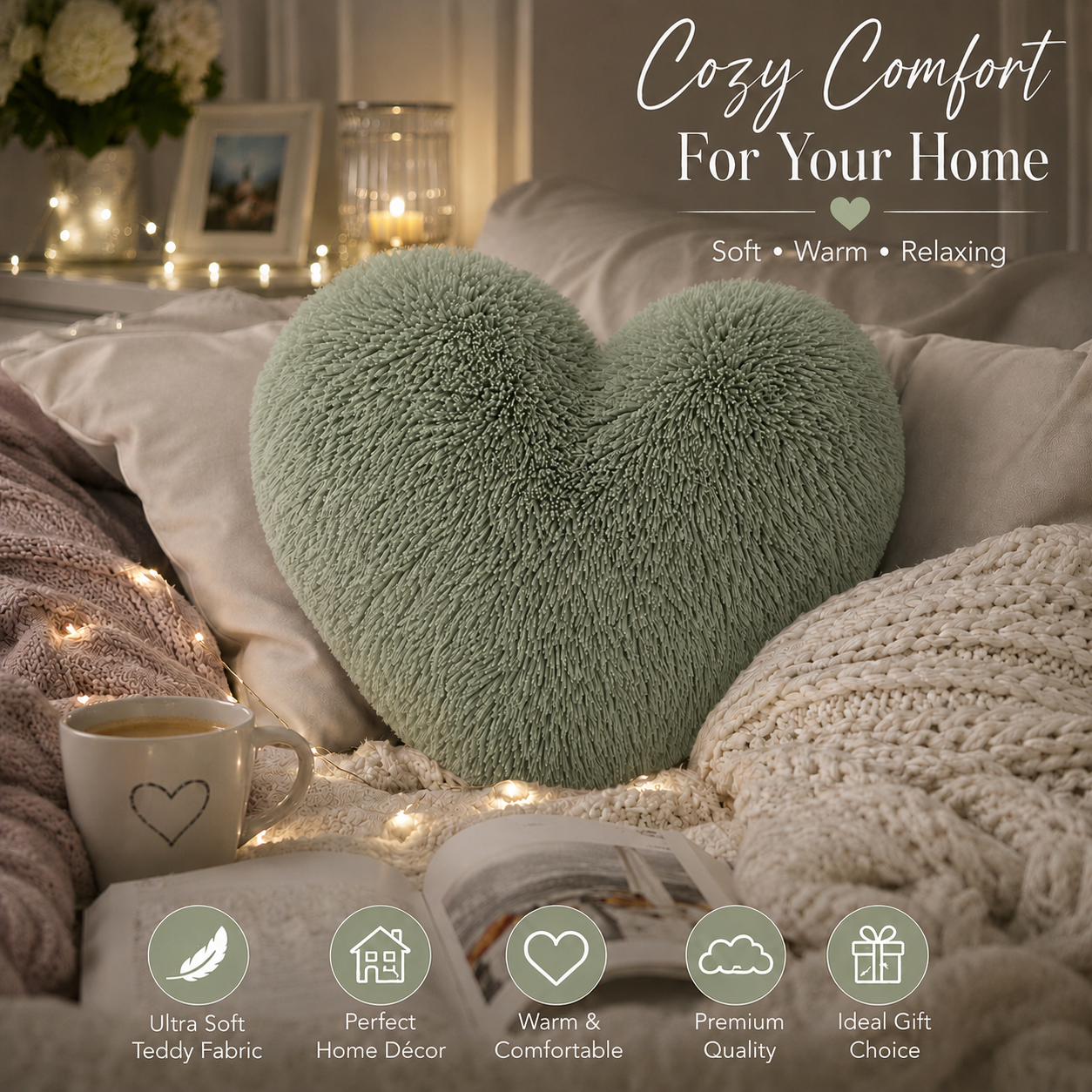 Teddy Cuddles Heart Shape Teddy Fleece Cushion – Soft Filled Decorative Cushion | Night Zone