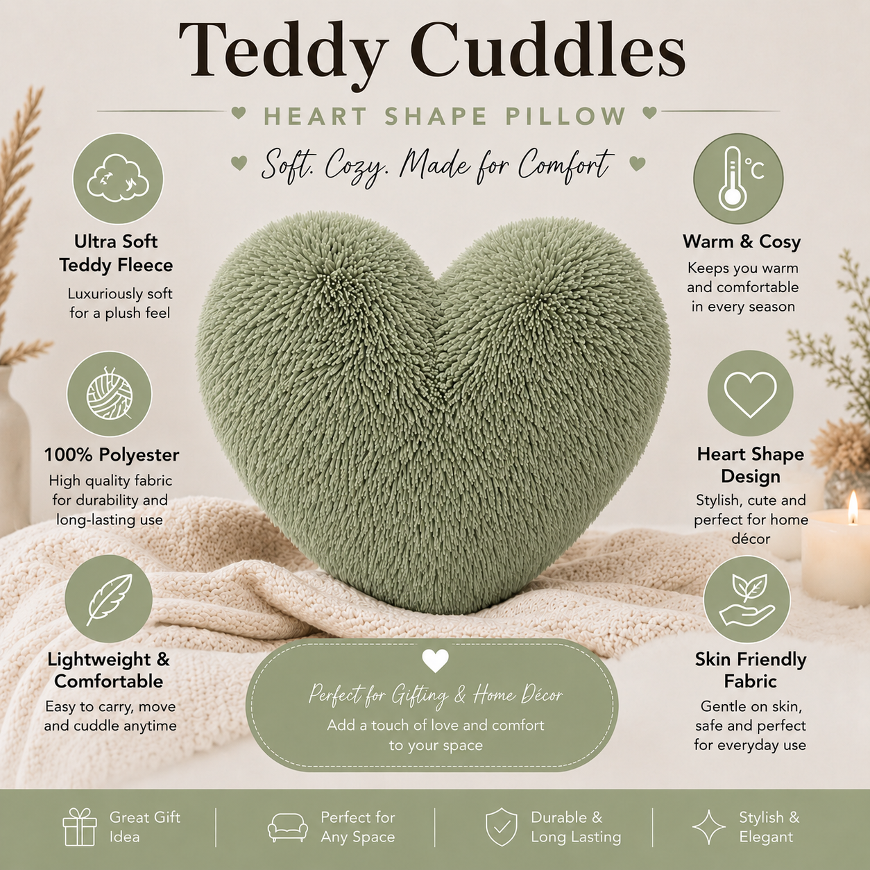 Teddy Cuddles Heart Shape Teddy Fleece Cushion – Soft Filled Decorative Cushion | Night Zone