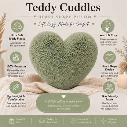 Teddy Cuddles Heart Shape Teddy Fleece Cushion – Soft Filled Decorative Cushion | Night Zone
