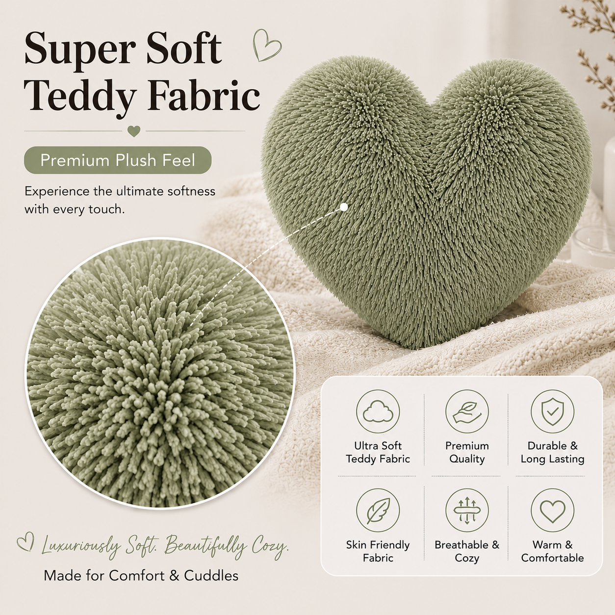 Teddy Cuddles Heart Shape Teddy Fleece Cushion – Soft Filled Decorative Cushion | Night Zone
