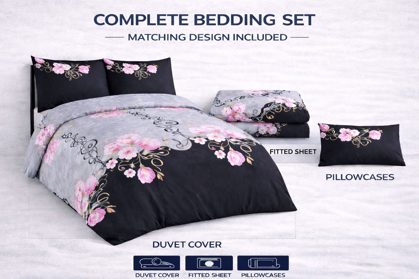 4 Piece Printed Microfiber Bedding Set – Duvet Cover, Fitted Sheet & Pillowcases | Night Zone