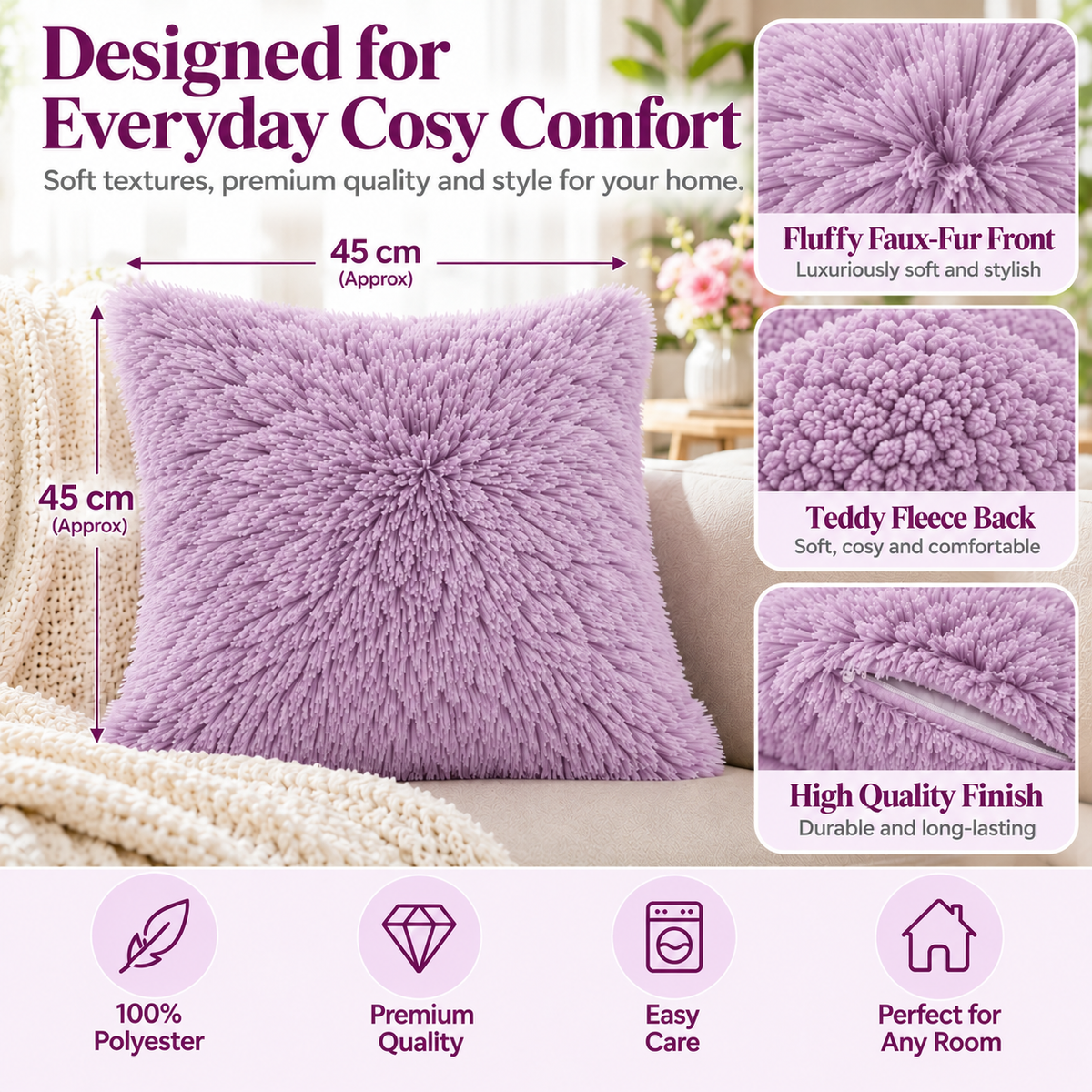 Teddy Hug Fleece Cushion Cover – Soft Fluffy Snug Cuddle Cushion Cover | Night Zone