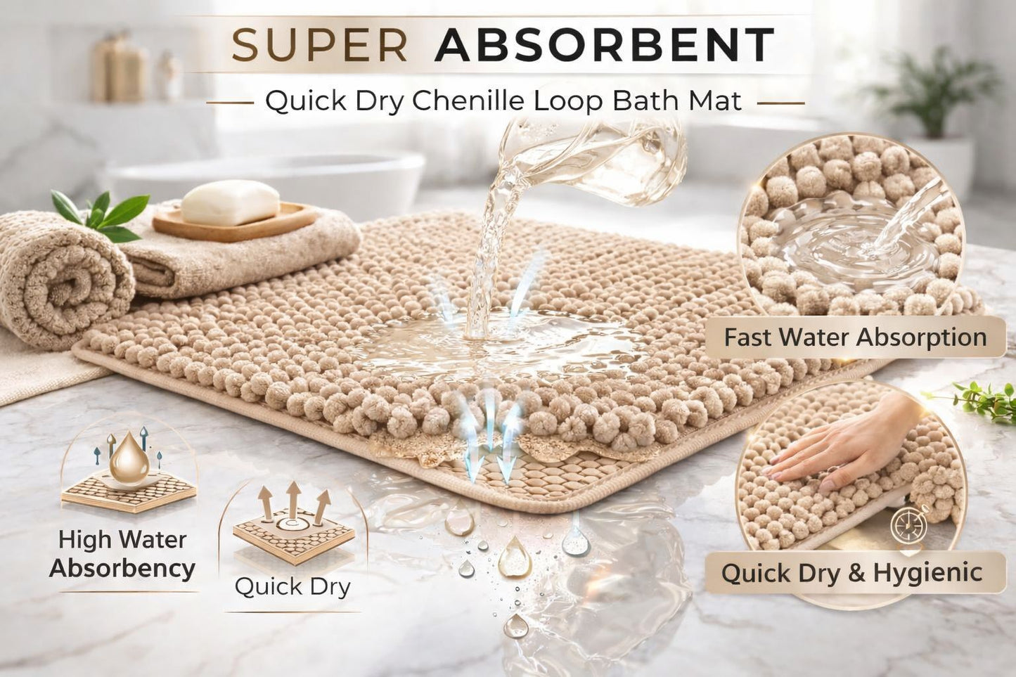 2 Piece Chenille Bath Mat Set – Soft Absorbent Non Slip Bathroom Rugs | Night Zone