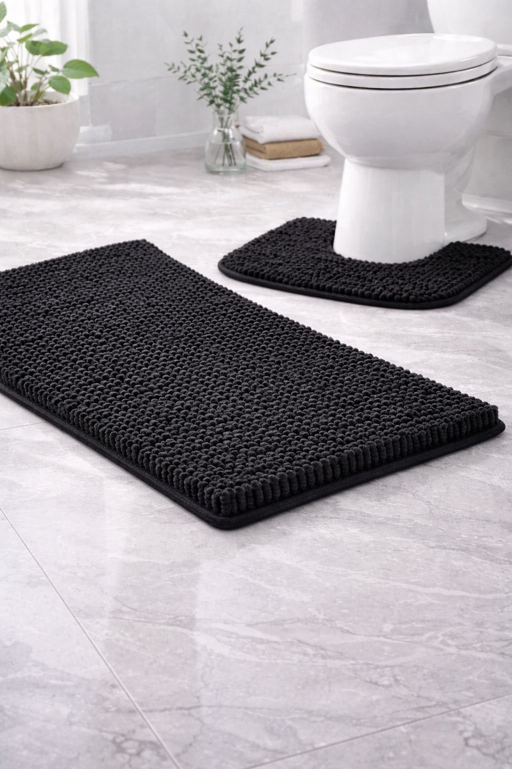 2 Piece Chenille Bath Mat Set – Soft Absorbent Non Slip Bathroom Rugs | Night Zone