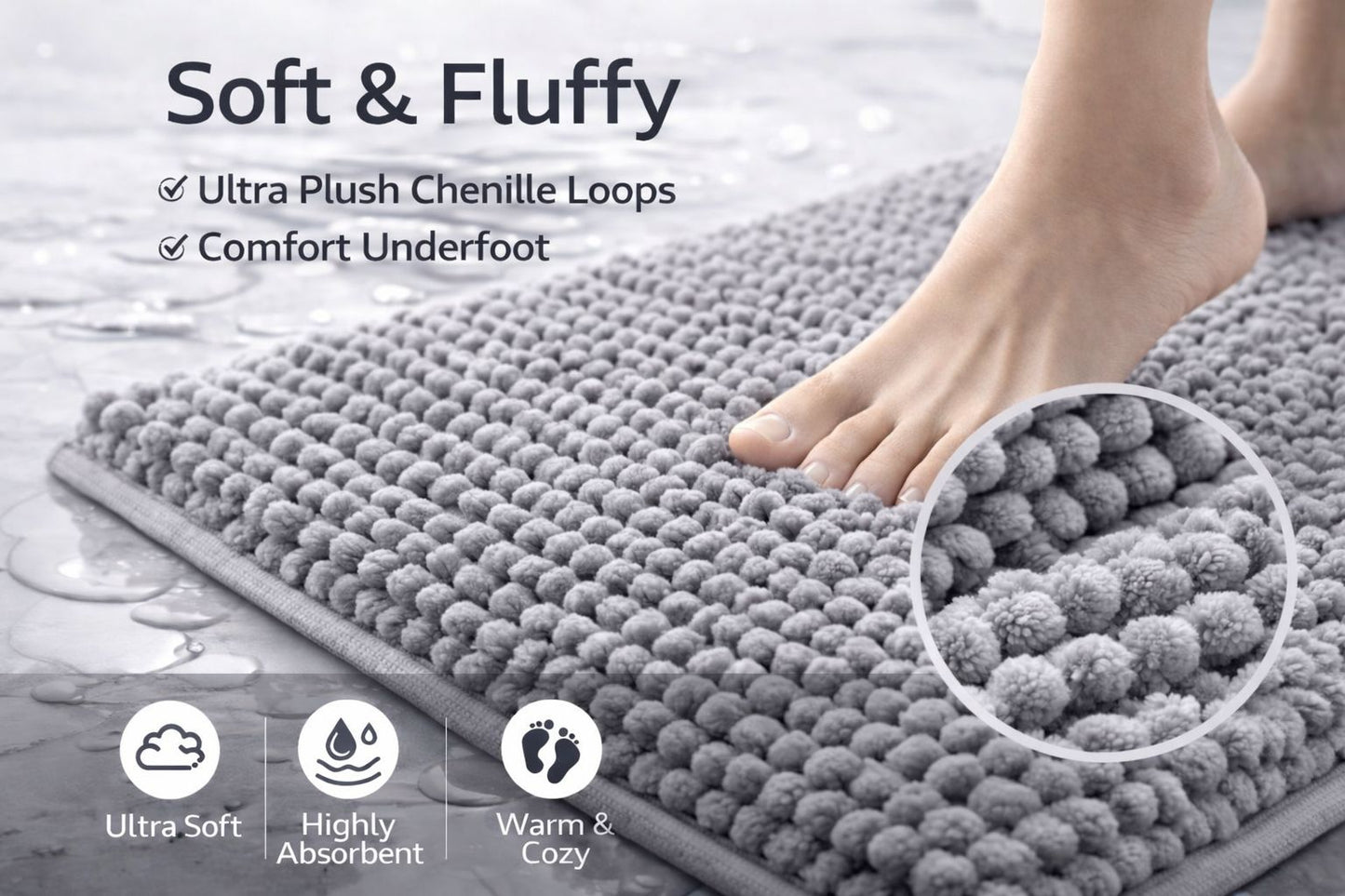 2 Piece Chenille Bath Mat Set – Soft Absorbent Non Slip Bathroom Rugs | Night Zone