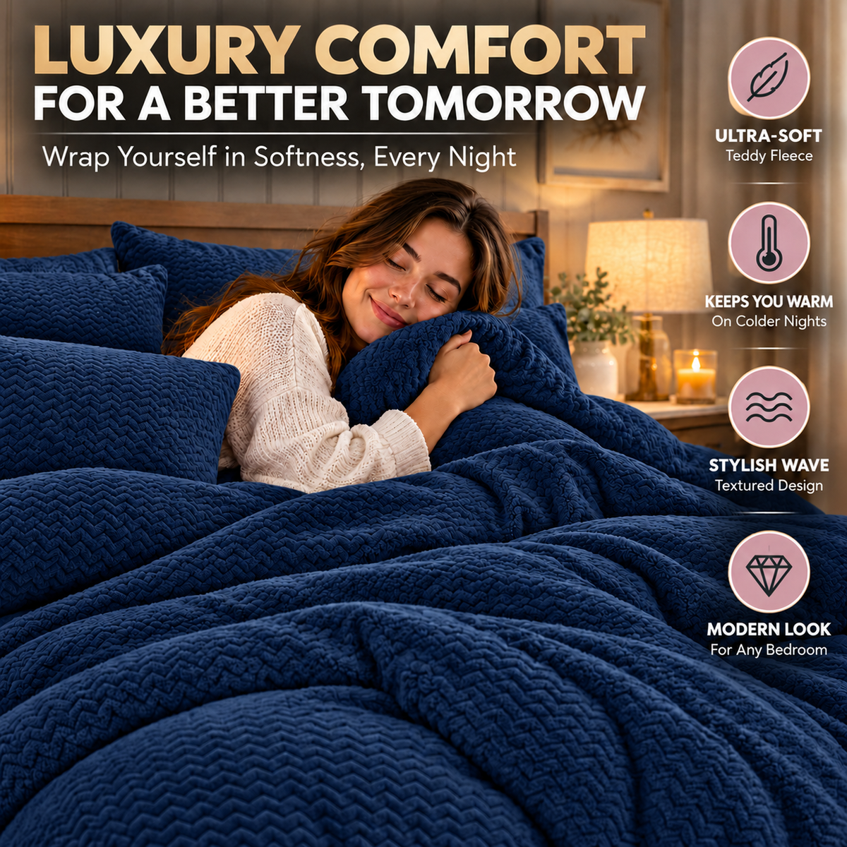 Teddy Fleece Waves Duvet Cover Set with Matching Cushion Covers | Night Zone