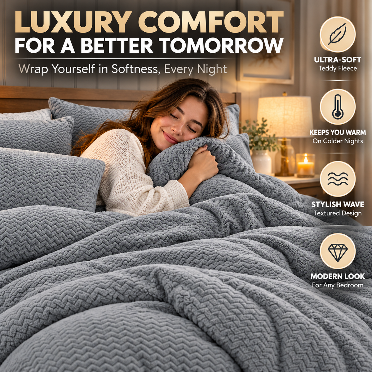 Teddy Fleece Waves Duvet Cover Set with Matching Cushion Covers | Night Zone