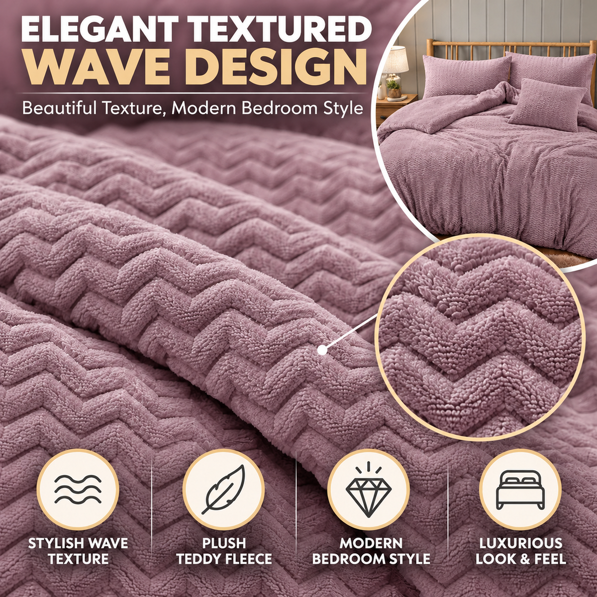 Teddy Fleece Waves Duvet Cover Set with Matching Cushion Covers | Night Zone