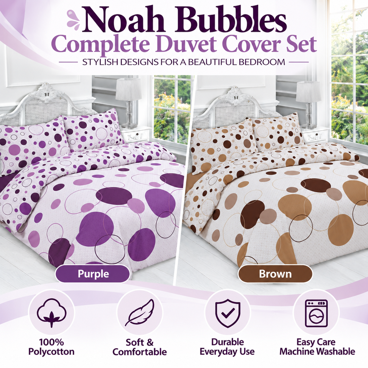 Noah Printed Polycotton Duvet Cover Set – Soft Easy Care Bedding | Night Zone