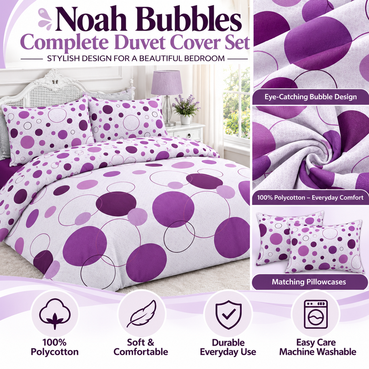 Noah Printed Polycotton Duvet Cover Set – Soft Easy Care Bedding | Night Zone