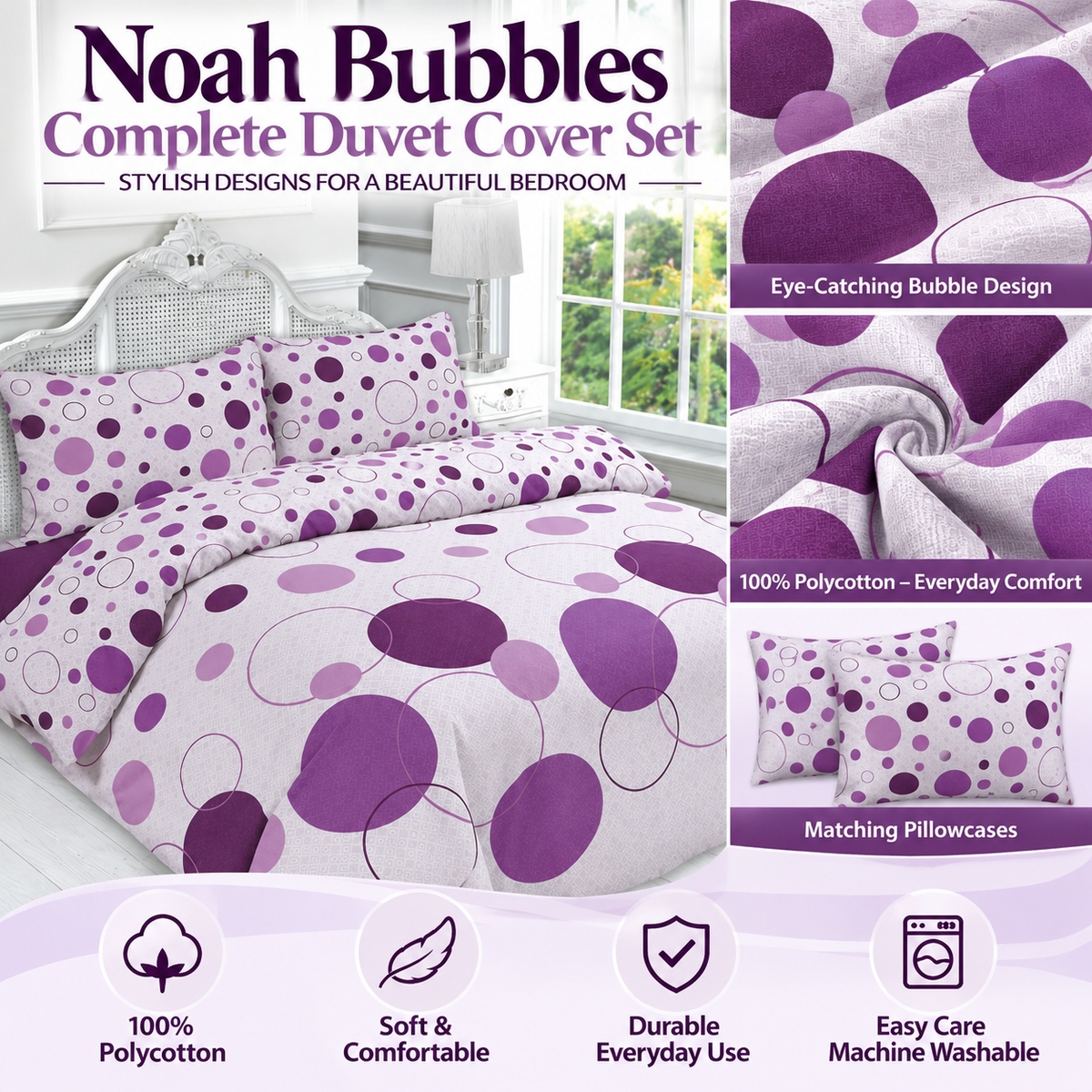 Noah Printed Polycotton Duvet Cover Set – Soft Easy Care Bedding | Night Zone