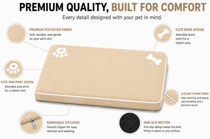 Bone & Paw Print Washable Pet Bed for Dogs and Cats Soft 100% Polyester Sleeping Cushion with Removable Zipper
