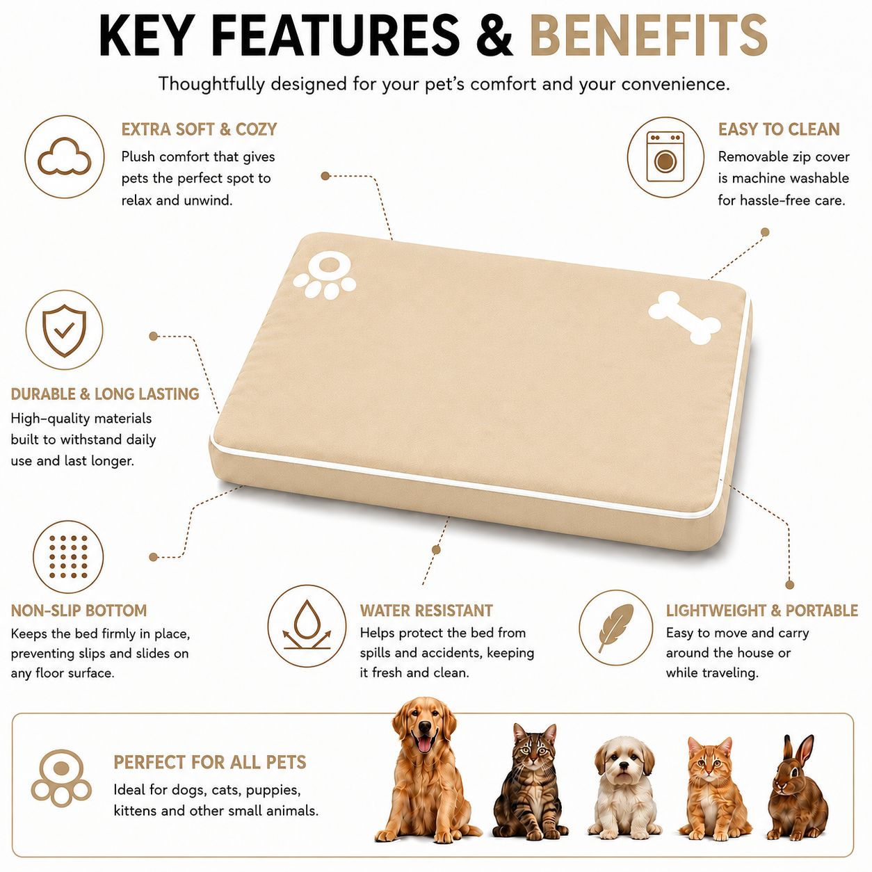 Bone & Paw Print Washable Pet Bed for Dogs and Cats Soft 100% Polyester Sleeping Cushion with Removable Zipper