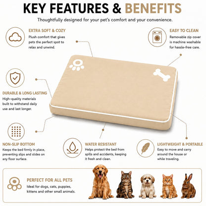 Bone & Paw Print Washable Pet Bed for Dogs and Cats Soft 100% Polyester Sleeping Cushion with Removable Zipper