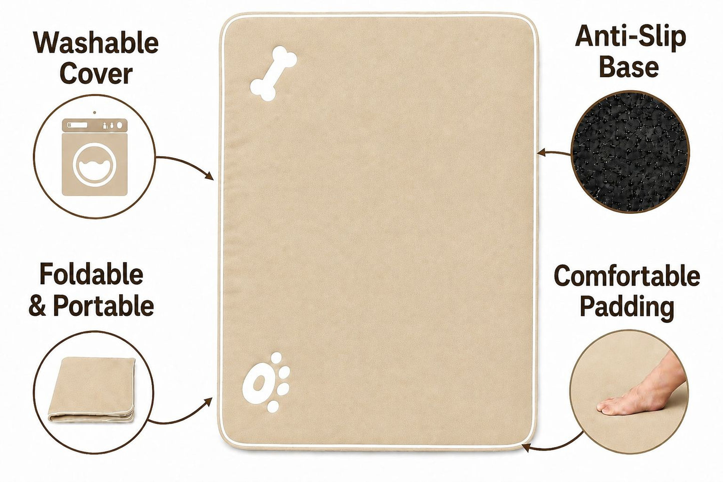 Bone & Paw Print Washable Pet Bed for Dogs and Cats Soft 100% Polyester Sleeping Cushion with Removable Zipper
