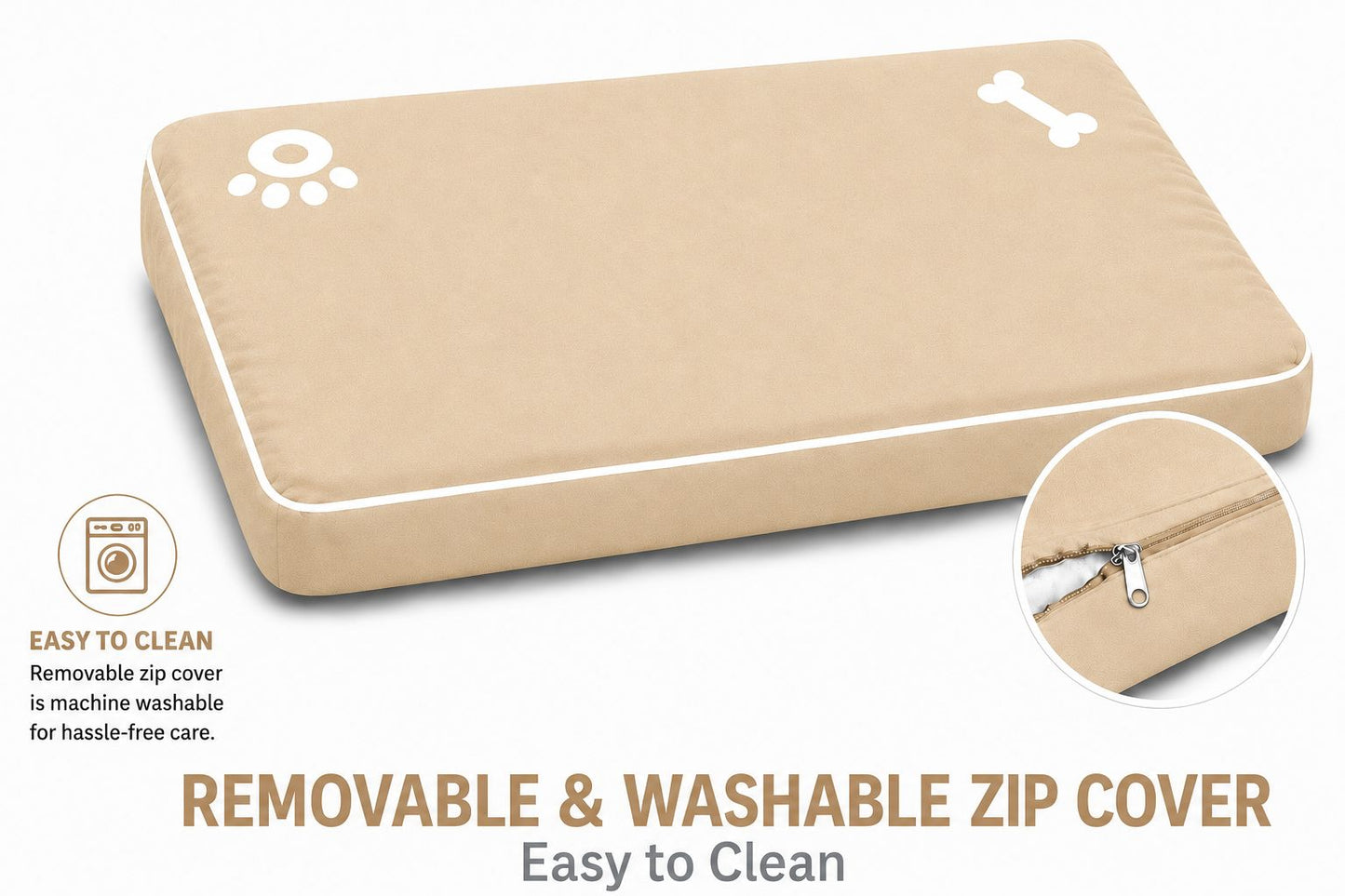 Bone & Paw Print Washable Pet Bed for Dogs and Cats Soft 100% Polyester Sleeping Cushion with Removable Zipper