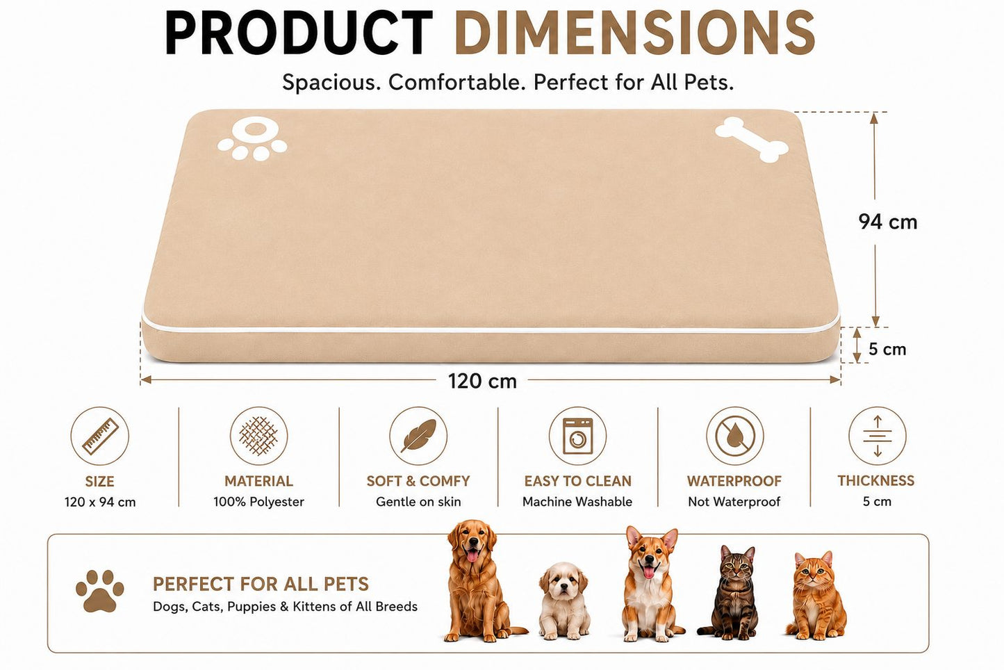 Bone & Paw Print Washable Pet Bed for Dogs and Cats Soft 100% Polyester Sleeping Cushion with Removable Zipper