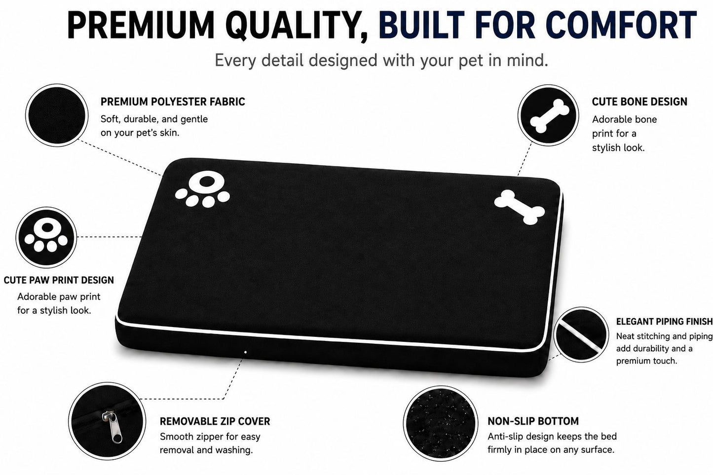 Bone & Paw Print Washable Pet Bed for Dogs and Cats Soft 100% Polyester Sleeping Cushion with Removable Zipper