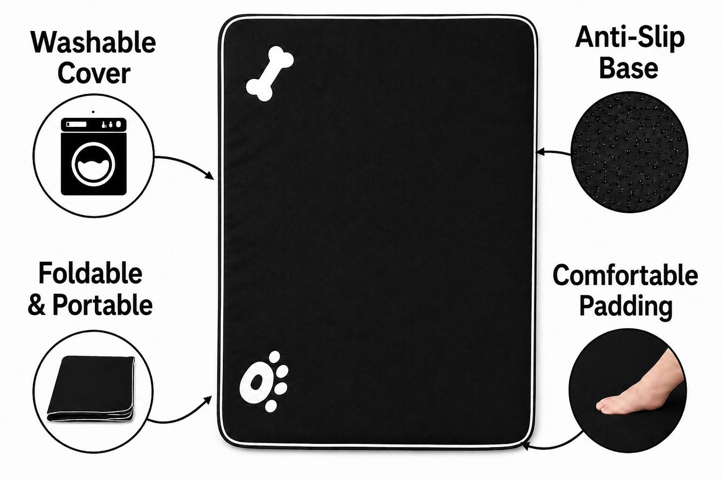 Bone & Paw Print Washable Pet Bed for Dogs and Cats Soft 100% Polyester Sleeping Cushion with Removable Zipper