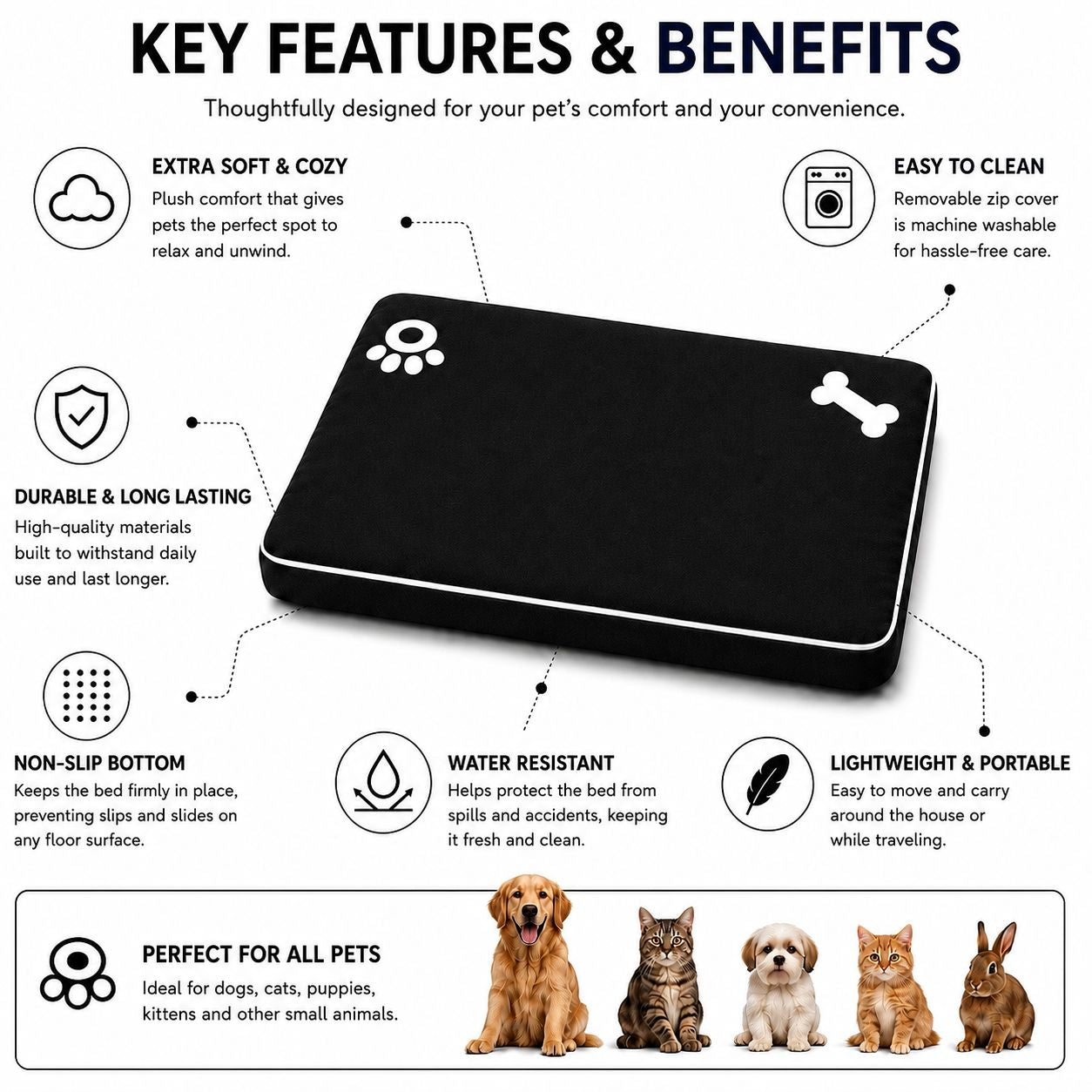 Bone & Paw Print Washable Pet Bed for Dogs and Cats Soft 100% Polyester Sleeping Cushion with Removable Zipper