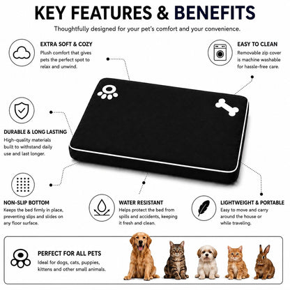 Bone & Paw Print Washable Pet Bed for Dogs and Cats Soft 100% Polyester Sleeping Cushion with Removable Zipper