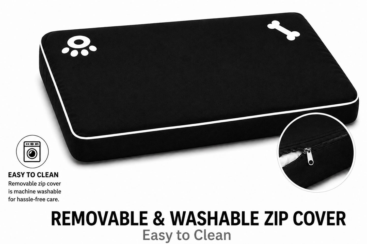 Bone & Paw Print Washable Pet Bed for Dogs and Cats Soft 100% Polyester Sleeping Cushion with Removable Zipper