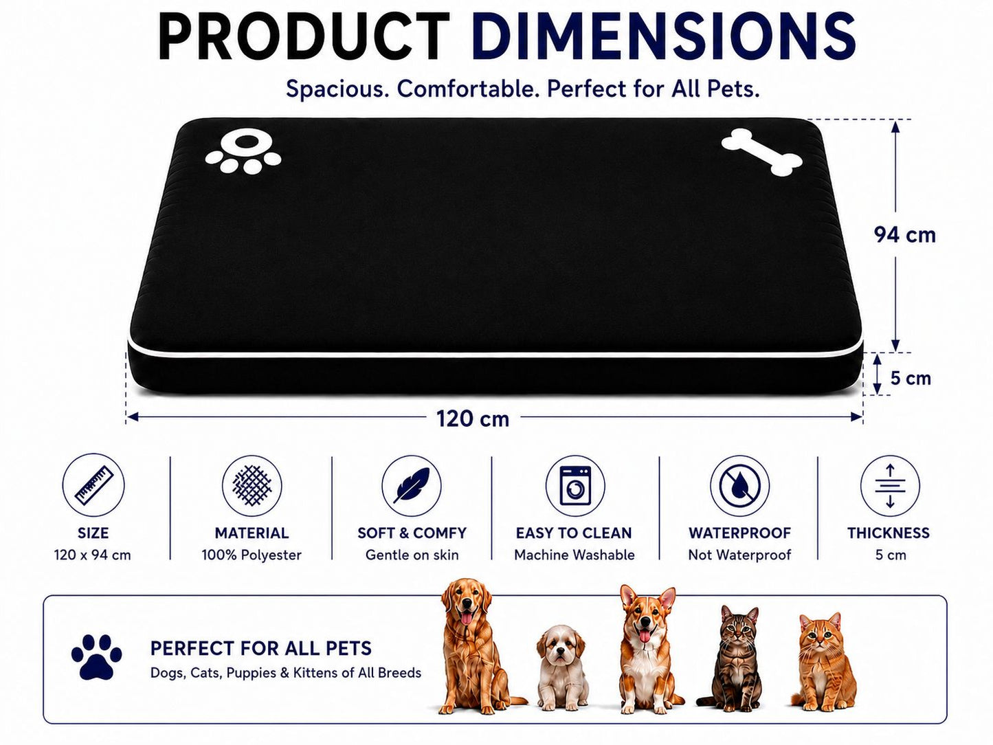 Bone & Paw Print Washable Pet Bed for Dogs and Cats Soft 100% Polyester Sleeping Cushion with Removable Zipper