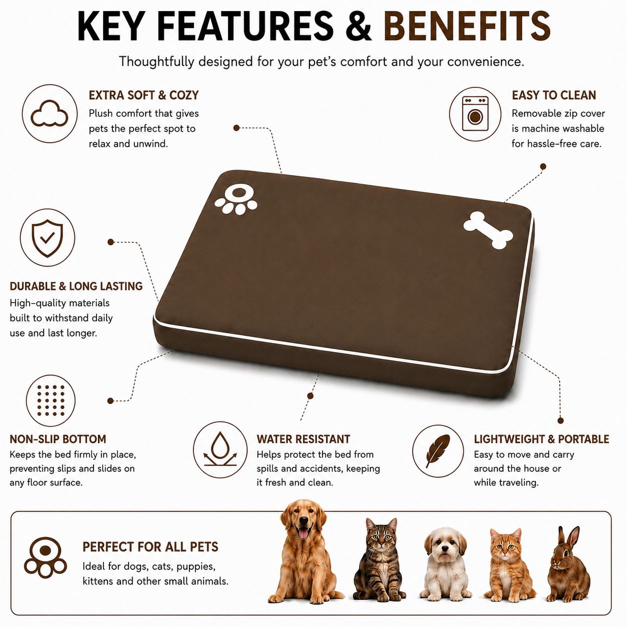 Bone & Paw Print Washable Pet Bed for Dogs and Cats Soft 100% Polyester Sleeping Cushion with Removable Zipper