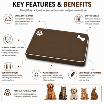 Bone & Paw Print Washable Pet Bed for Dogs and Cats Soft 100% Polyester Sleeping Cushion with Removable Zipper