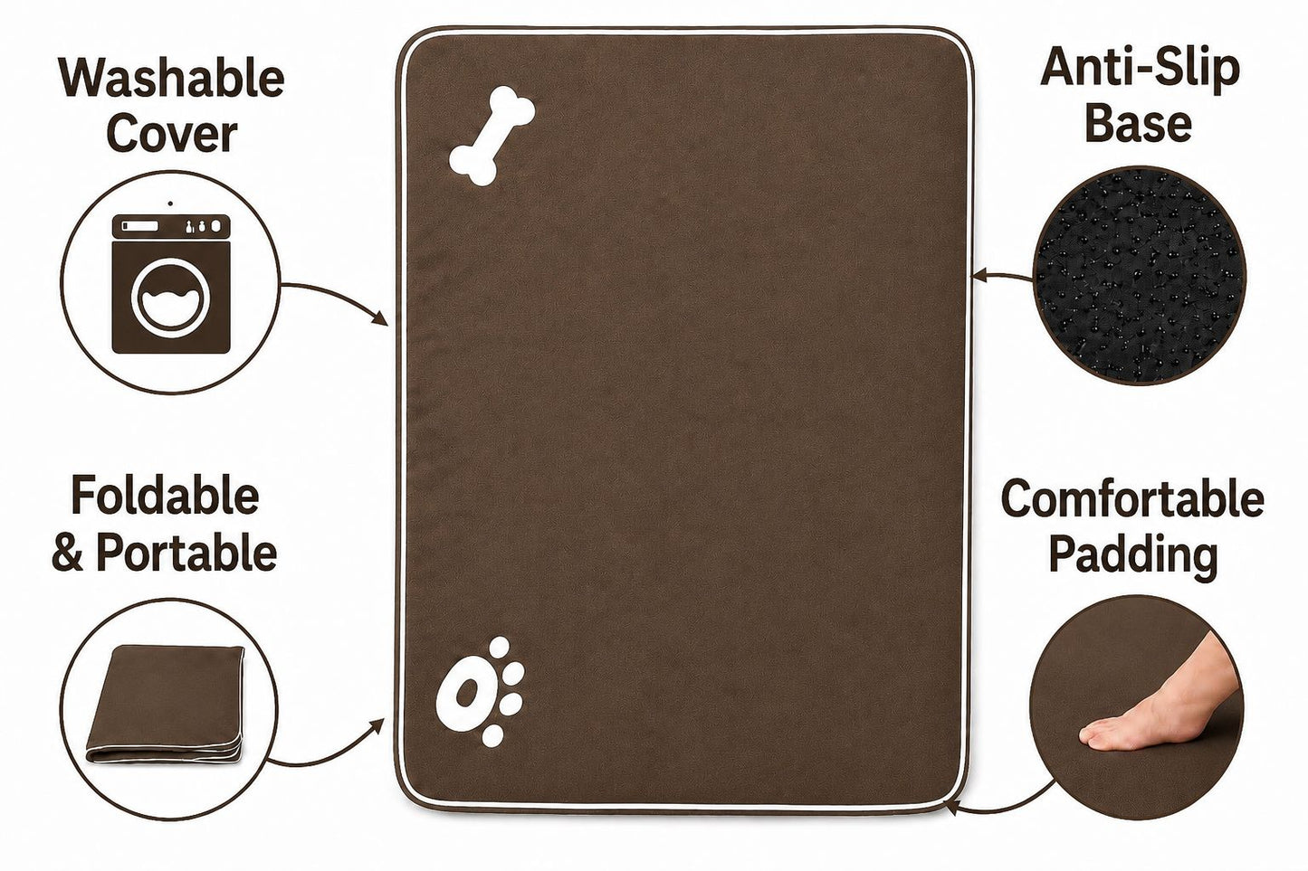 Bone & Paw Print Washable Pet Bed for Dogs and Cats Soft 100% Polyester Sleeping Cushion with Removable Zipper