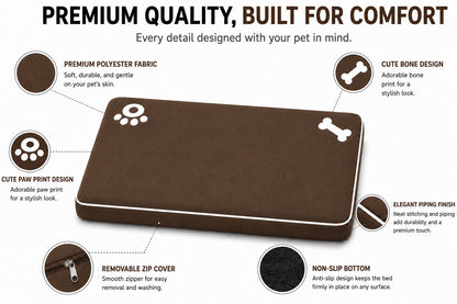 Bone & Paw Print Washable Pet Bed for Dogs and Cats Soft 100% Polyester Sleeping Cushion with Removable Zipper