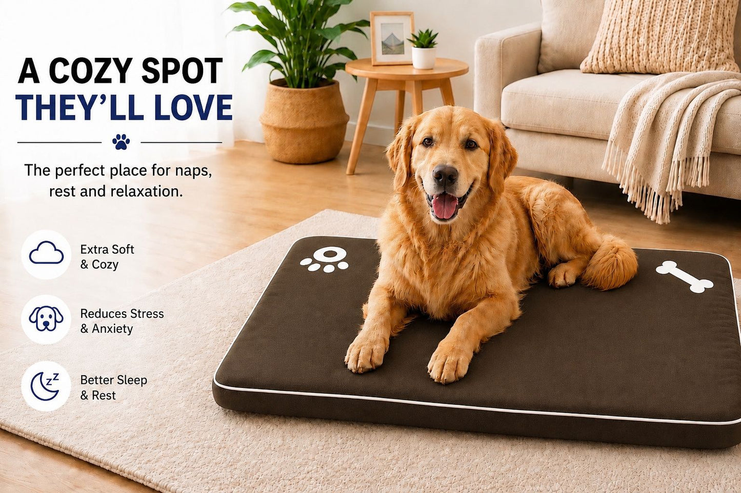 Bone & Paw Print Washable Pet Bed for Dogs and Cats Soft 100% Polyester Sleeping Cushion with Removable Zipper