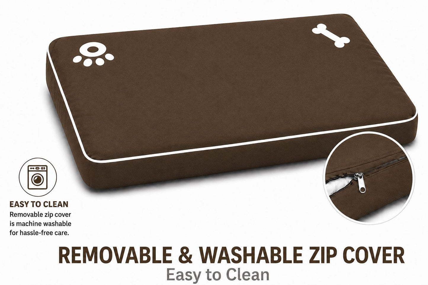 Bone & Paw Print Washable Pet Bed for Dogs and Cats Soft 100% Polyester Sleeping Cushion with Removable Zipper