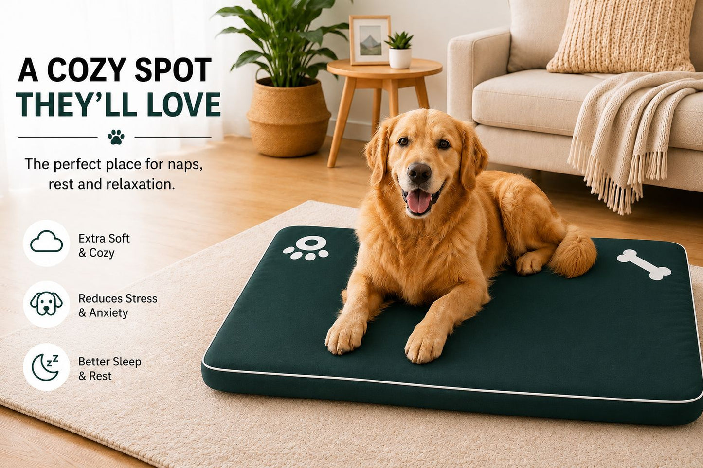 Bone & Paw Print Washable Pet Bed for Dogs and Cats Soft 100% Polyester Sleeping Cushion with Removable Zipper