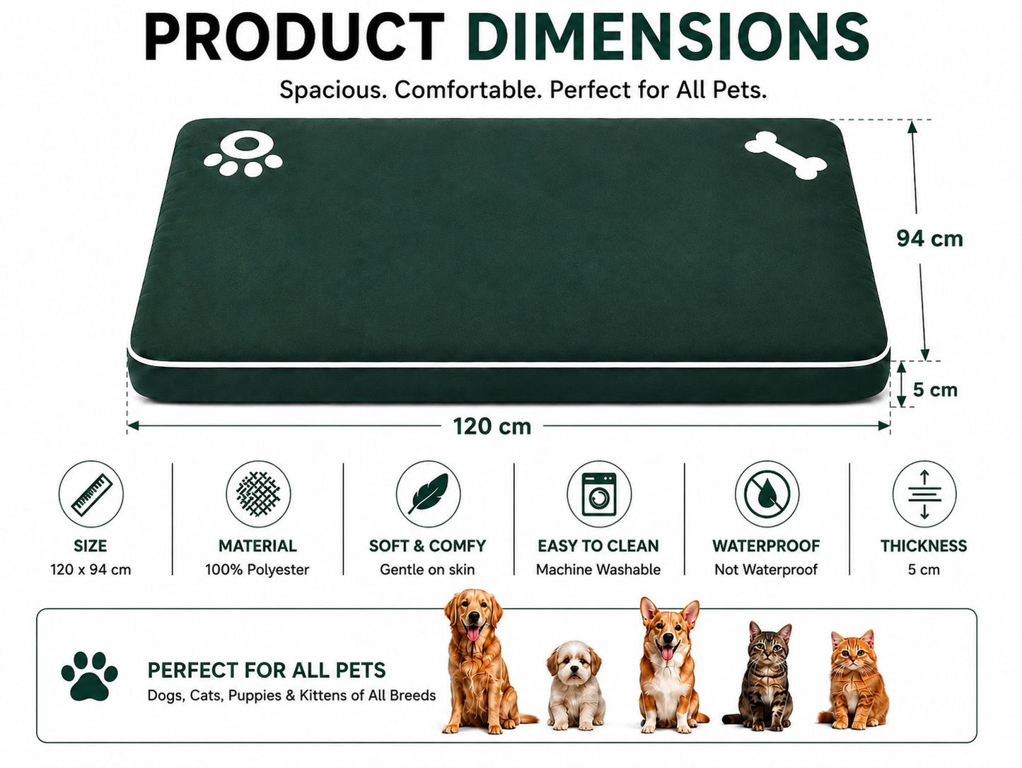 Bone & Paw Print Washable Pet Bed for Dogs and Cats Soft 100% Polyester Sleeping Cushion with Removable Zipper