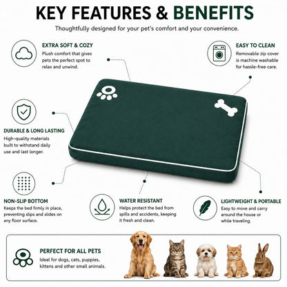 Bone & Paw Print Washable Pet Bed for Dogs and Cats Soft 100% Polyester Sleeping Cushion with Removable Zipper