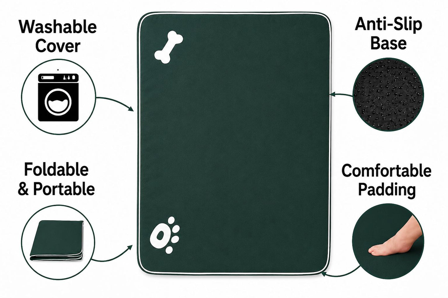Bone & Paw Print Washable Pet Bed for Dogs and Cats Soft 100% Polyester Sleeping Cushion with Removable Zipper