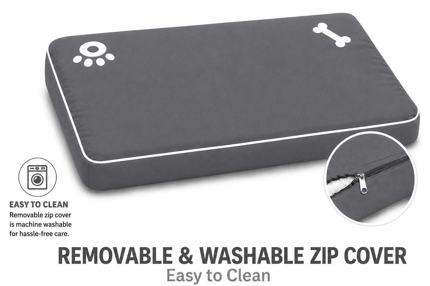 Bone & Paw Print Washable Pet Bed for Dogs and Cats Soft 100% Polyester Sleeping Cushion with Removable Zipper