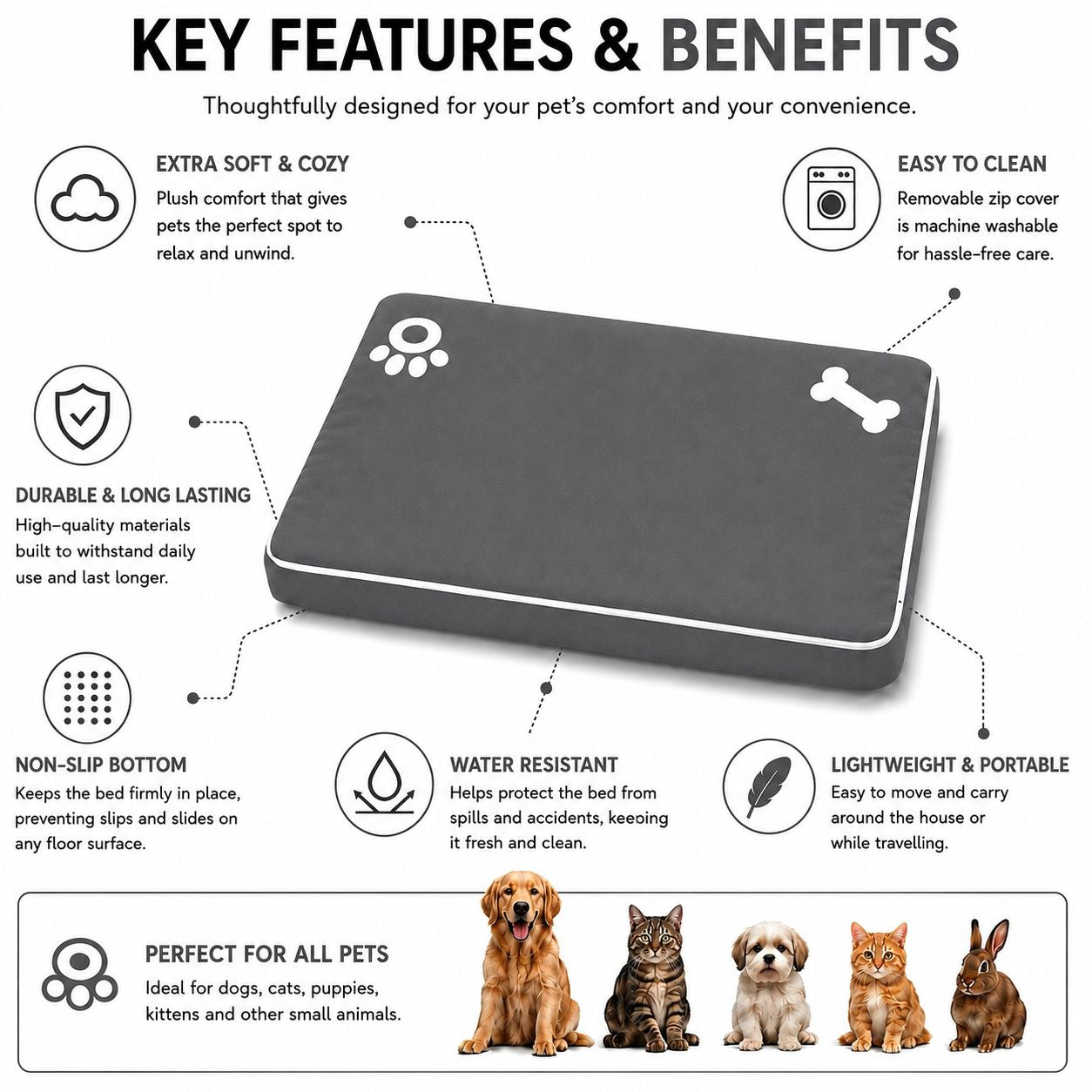 Bone & Paw Print Washable Pet Bed for Dogs and Cats Soft 100% Polyester Sleeping Cushion with Removable Zipper