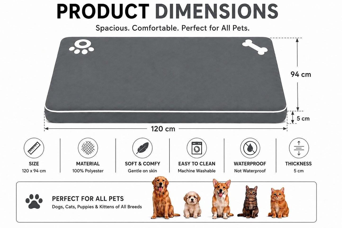 Bone & Paw Print Washable Pet Bed for Dogs and Cats Soft 100% Polyester Sleeping Cushion with Removable Zipper