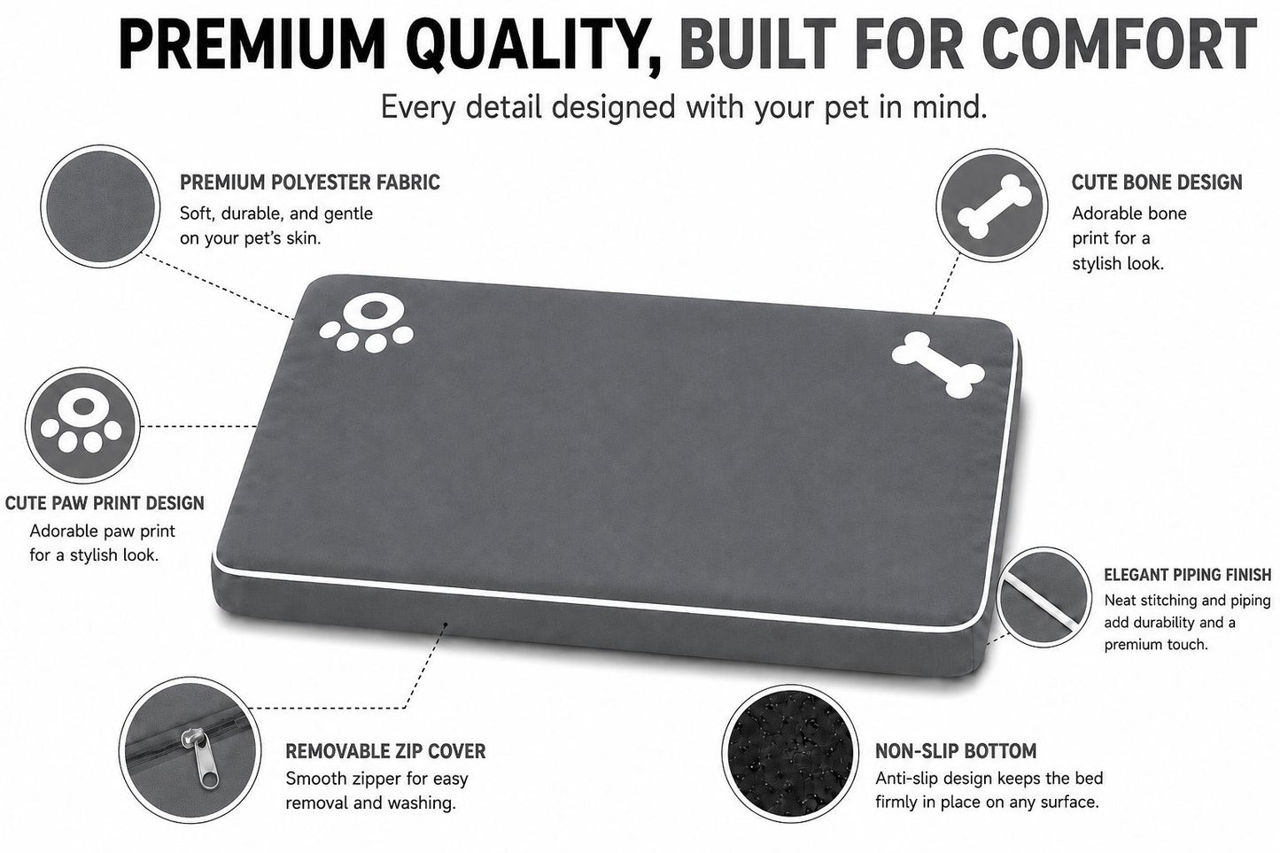 Bone & Paw Print Washable Pet Bed for Dogs and Cats Soft 100% Polyester Sleeping Cushion with Removable Zipper