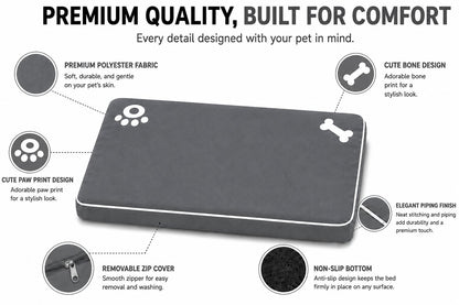 Bone & Paw Print Washable Pet Bed for Dogs and Cats Soft 100% Polyester Sleeping Cushion with Removable Zipper