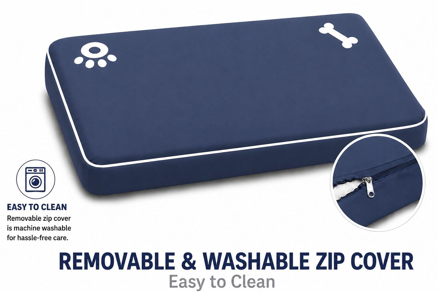 Bone & Paw Print Washable Pet Bed for Dogs and Cats Soft 100% Polyester Sleeping Cushion with Removable Zipper