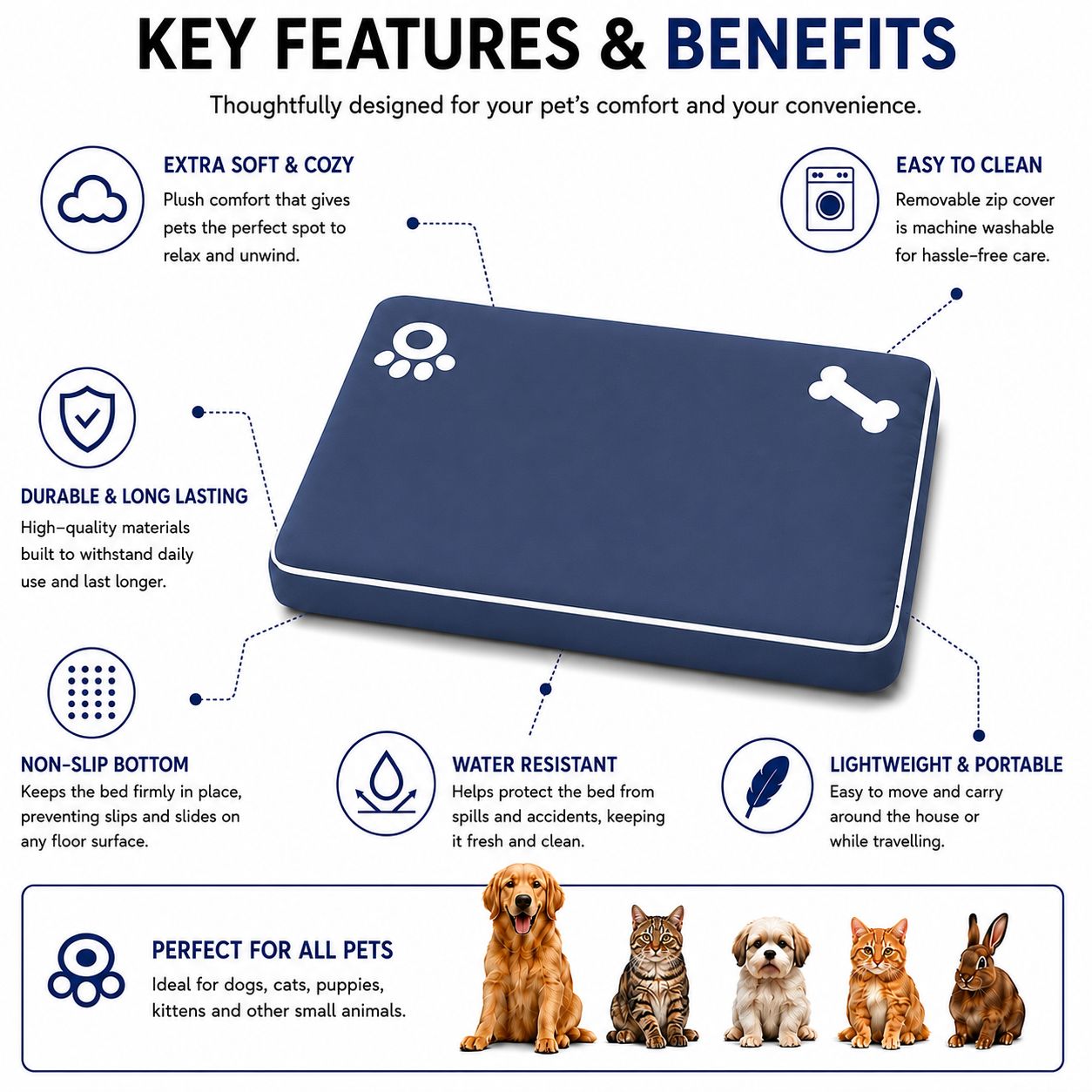 Bone & Paw Print Washable Pet Bed for Dogs and Cats Soft 100% Polyester Sleeping Cushion with Removable Zipper